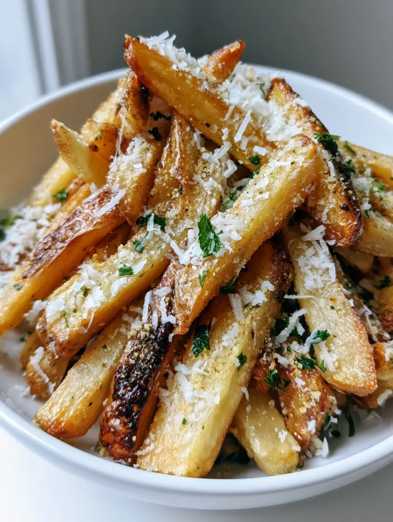 Thick-cut golden brown Garlic Parmesan Fries showing a crispy blistered surface and fine parmesan dust.