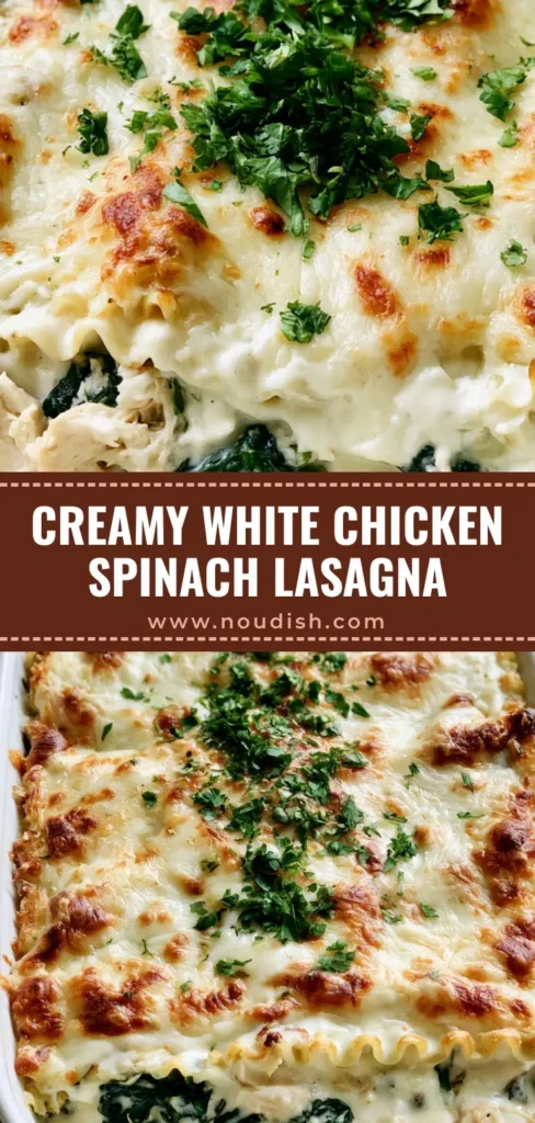 White Chicken Lasagna with Creamy Alfredo and Wilted Spinach 4 A handheld smartphone photo of White Chicken Lasagna in a white ceramic dish with bubbly mozzarella and fresh parsley garnish.