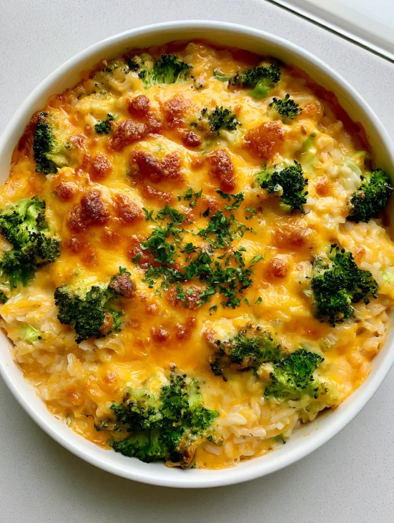 Close-up of Broccoli Cheese Rice Casserole showing glossy cheddar sauce and vibrant green broccoli florets.