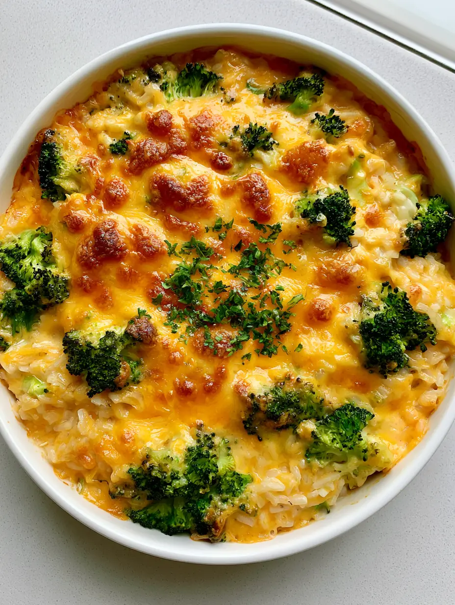 Broccoli Cheese Rice Casserole: The Ultimate Cheesy Comfort Food 3 Close-up of Broccoli Cheese Rice Casserole showing glossy cheddar sauce and vibrant green broccoli florets.