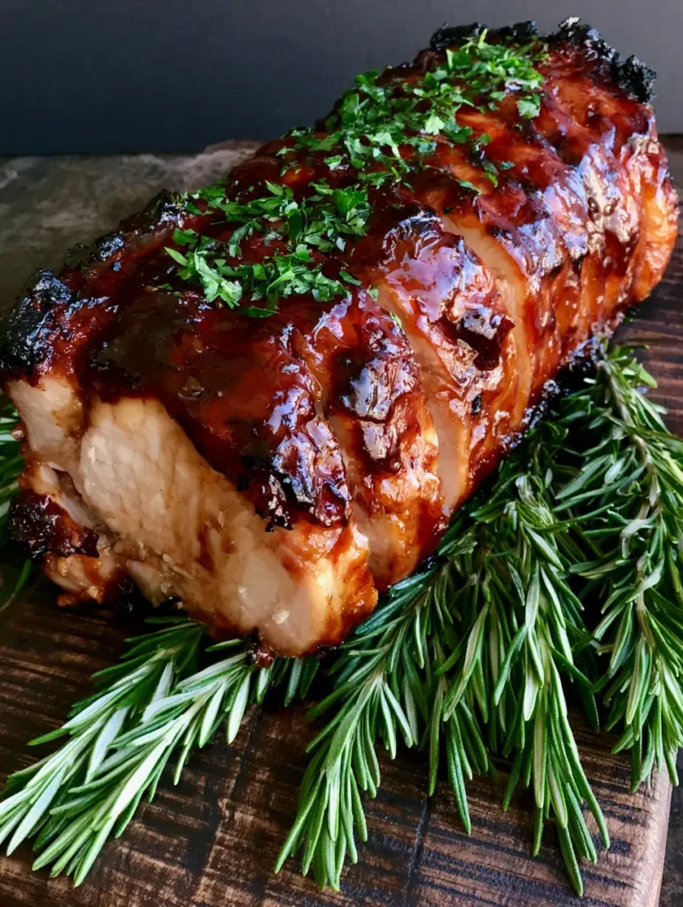 Overhead view of roasted pork loin with charred edges and fresh parsley flakes on a rustic dark board.