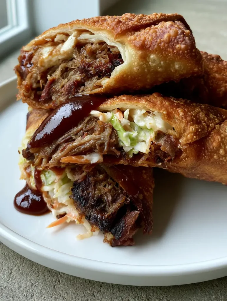 BBQ Egg Rolls: The Ultimate Crispy Smoked Brisket Appetizer 1 Stacked BBQ Egg Rolls on a neutral stone background, revealing charred brisket bark and colorful carrots.