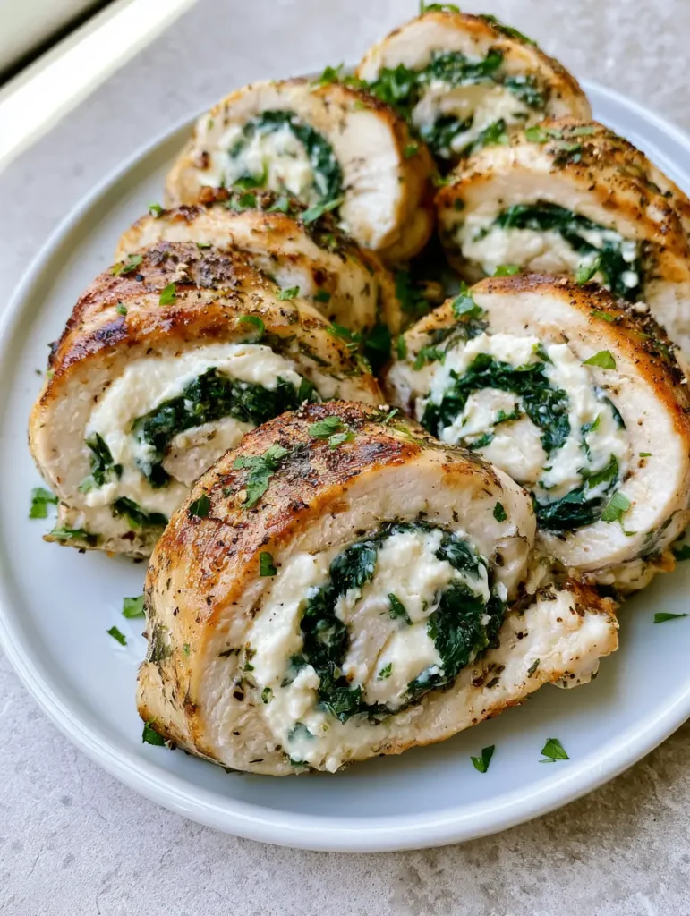 Sliced Herbed Ricotta Stuffed Chicken Rolls with a golden-brown sear on a neutral stone countertop.