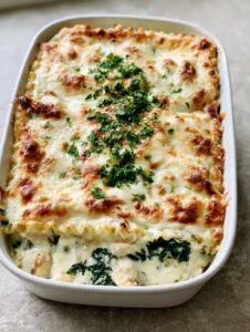 Close up view of multi-layered White Chicken Lasagna showing wavy noodles and wilted spinach.