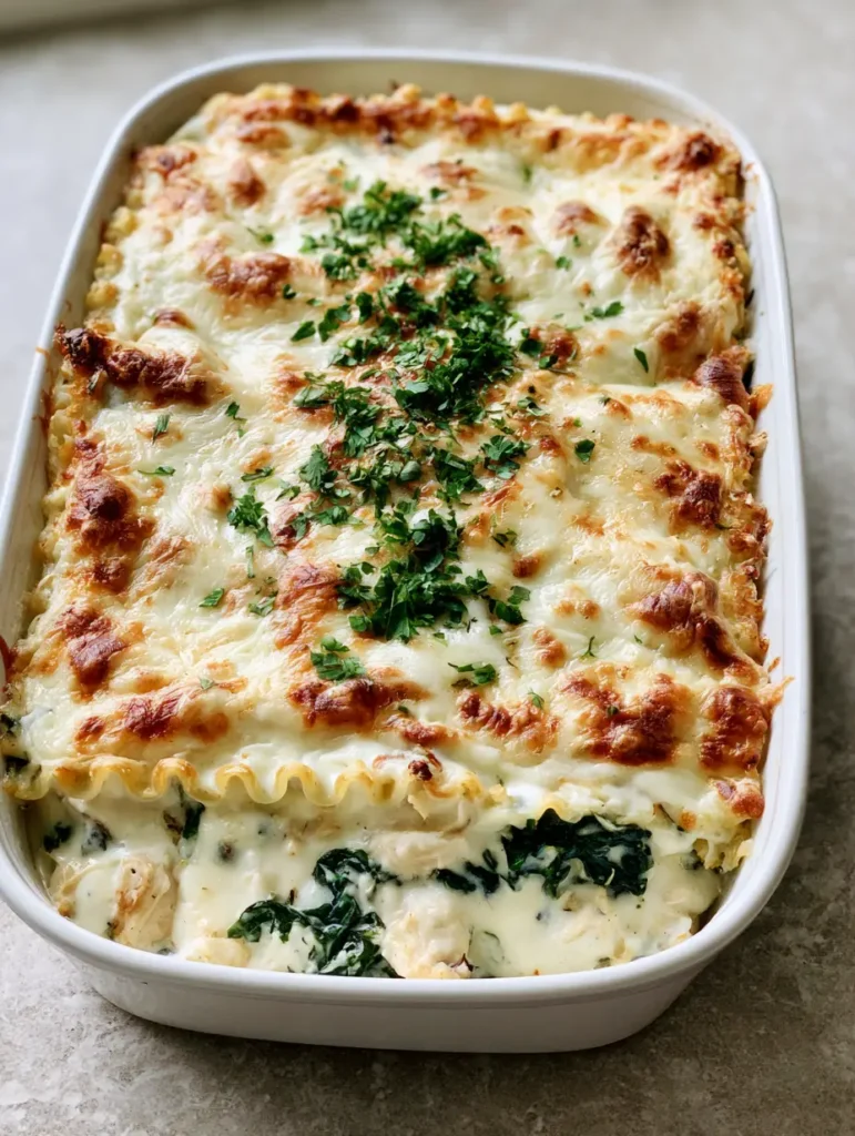 Close up view of multi-layered White Chicken Lasagna showing wavy noodles and wilted spinach.