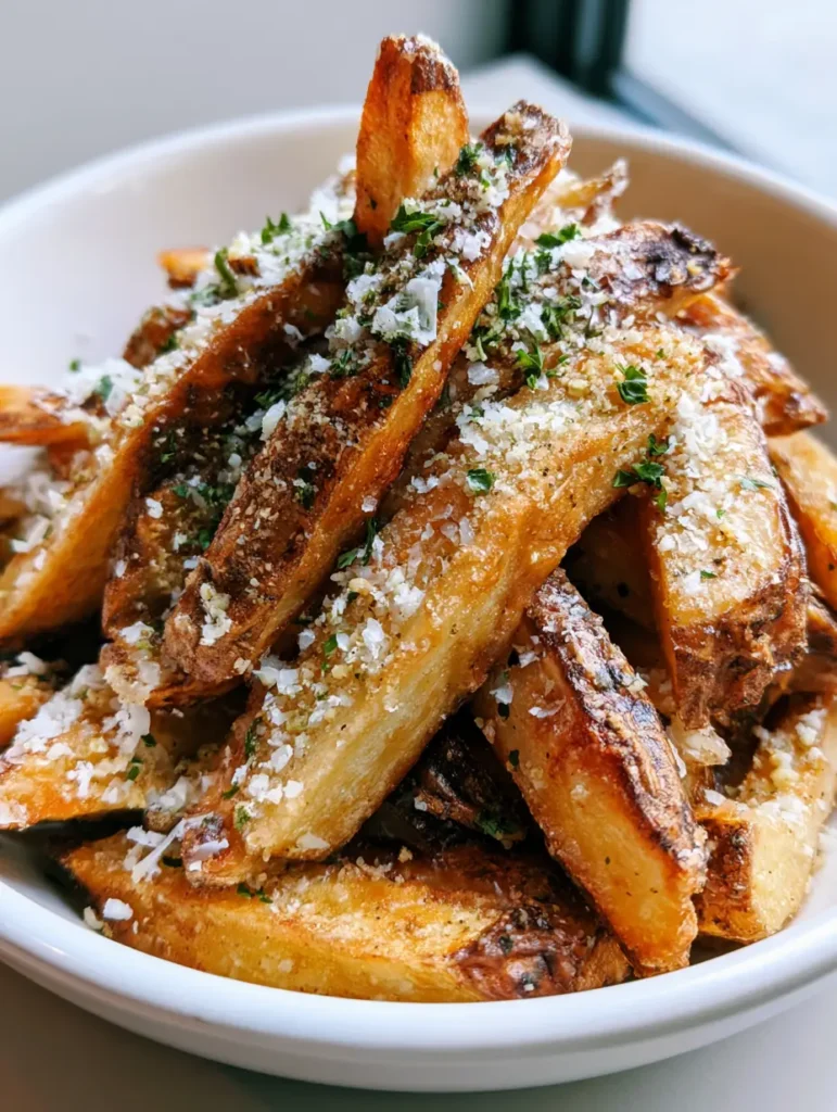 Garlic Parmesan Fries: The Ultimate Crispy Deep-Fried Recipe 1 Handheld smartphone photo of Garlic Parmesan Fries in a shallow white ceramic bowl with soft natural lighting.
