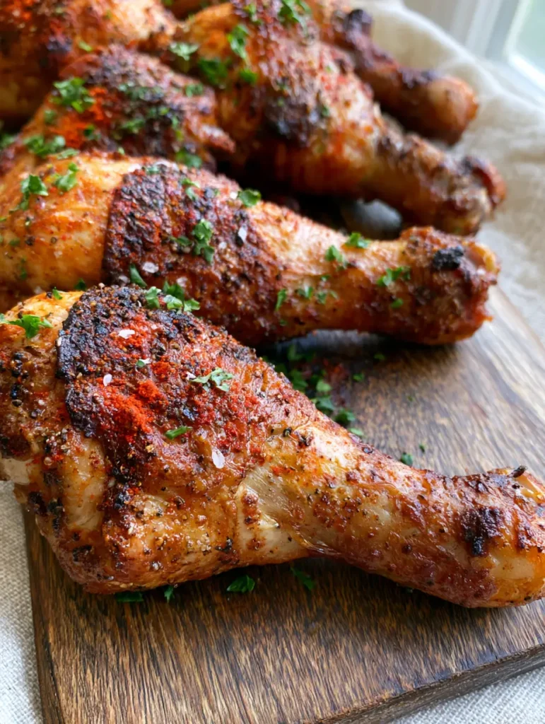 Oven Baked Chicken Drumsticks with Crispy Blistered Skin 1 Overhead shot of Oven Baked Chicken Drumsticks arranged on a rustic board with parsley garnish.