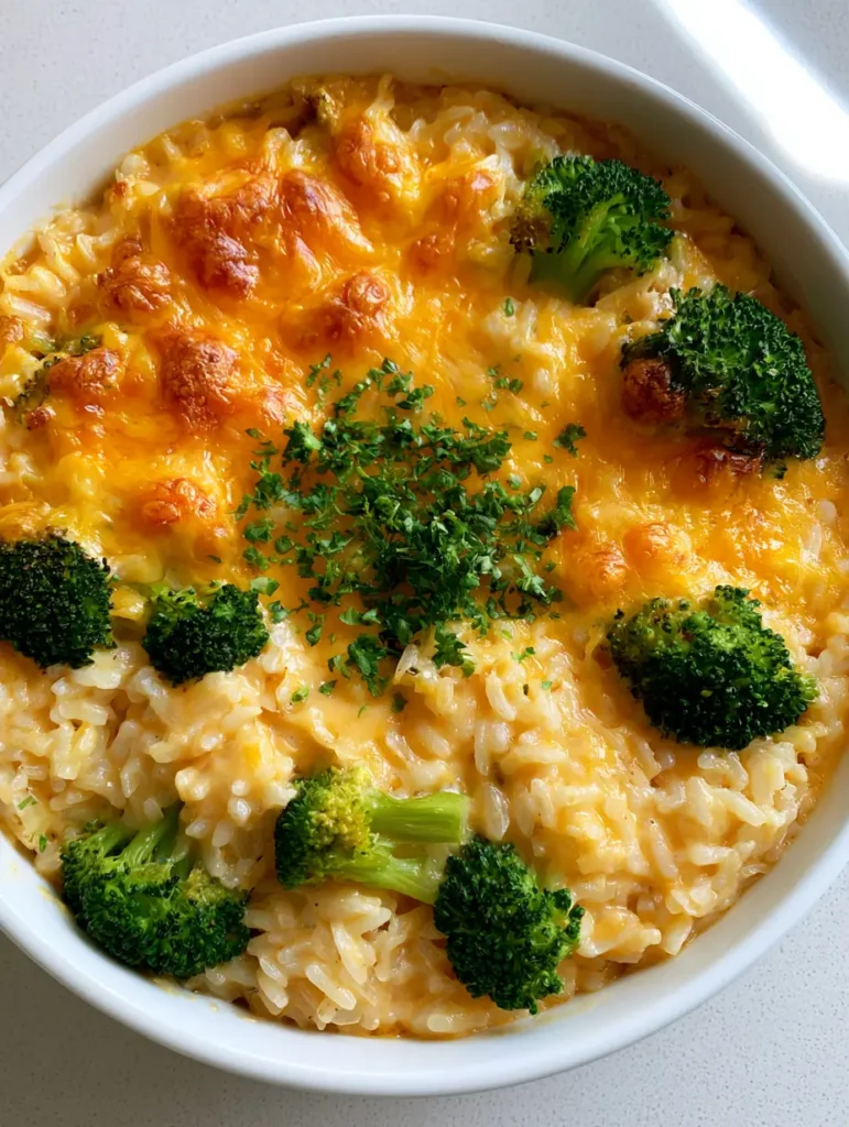 Broccoli Cheese Rice Casserole: The Ultimate Cheesy Comfort Food 1 Top-down view of the completed Broccoli Cheese Rice Casserole with golden bubbly patches on the melted cheese surface.