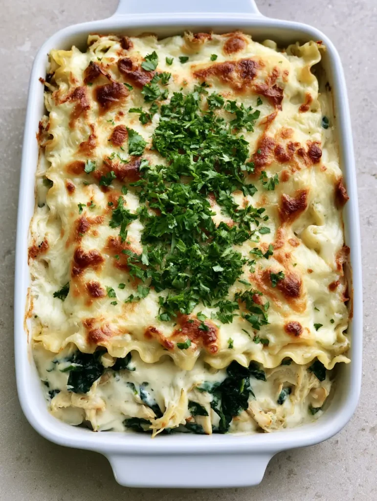 White Chicken Lasagna with Creamy Alfredo and Wilted Spinach 1 Golden-brown toasted mozzarella and parmesan cheese topping on a White Chicken Lasagna.