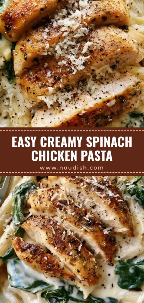 Chicken Spinach Alfredo Pasta: The Ultimate Creamy 30-Minute Dinner 3 A vertical close-up of Chicken Spinach Alfredo Pasta in a white bowl with seared herb chicken and wilted spinach.