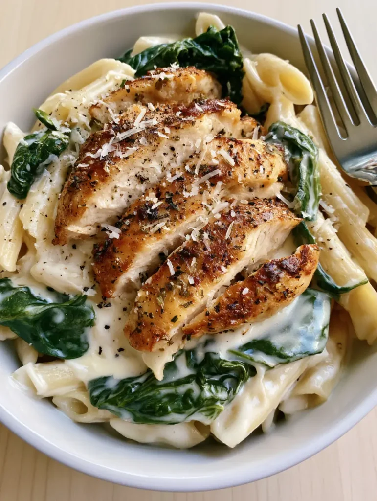 Top-down view of Chicken Spinach Alfredo Pasta showing glossy white sauce and herb-seasoned chicken slices.