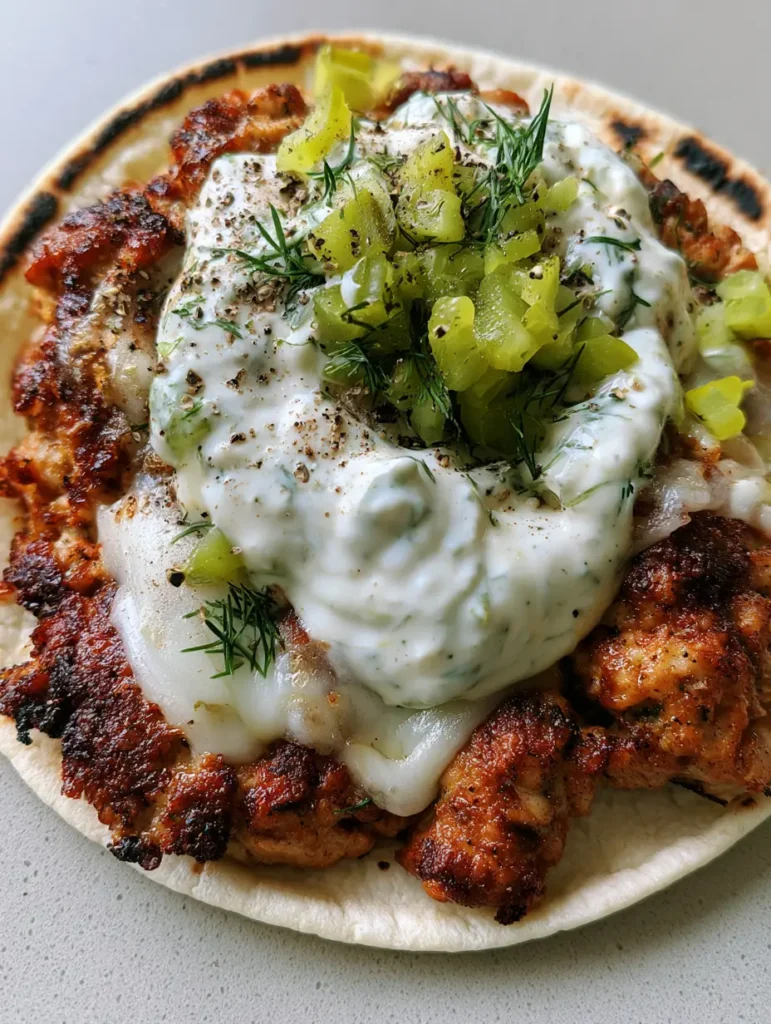 Dill Pickle Ranch Smash Chicken Tacos: The Ultimate Crispy Handheld 1 Overhead view of a handheld smash chicken taco with finely diced pickles and cracked black pepper.