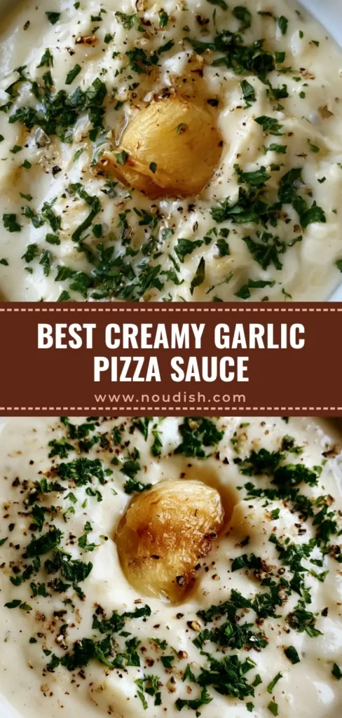 White Garlic Pizza Sauce: The Ultimate Creamy Roasted Garlic Recipe 3 A Pinterest-style vertical graphic showing a glossy bowl of White Garlic Pizza Sauce topped with parsley and cracked black pepper.