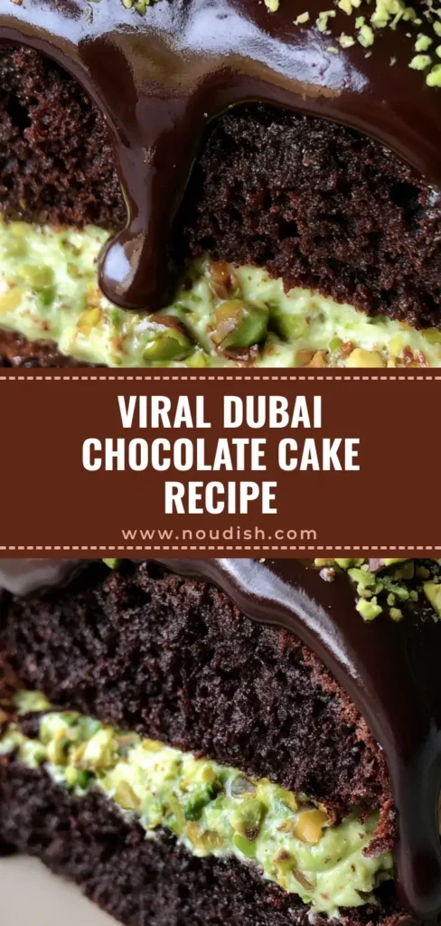 Dubai Chocolate Pistachio Cake: The Ultimate Viral Layer Cake Recipe 4 A towering slice of Dubai Chocolate Pistachio Cake on a speckled ceramic plate, featuring a glossy dark chocolate ganache drip and thick pale green pistachio cream layers.