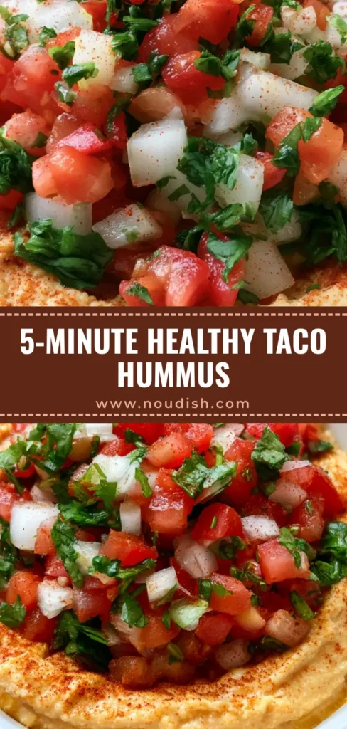 Taco Hummus: The Ultimate Creamy Zesty Party Dip Recipe 4 A top-down view of a creamy bowl of Taco Hummus topped with fresh red tomatoes, white onions, and cilantro in a white ceramic bowl.