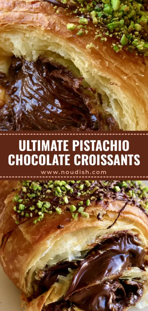 Pistachio Chocolate Croissant: The Ultimate Flaky Cafe-Style Recipe 4 A close-up vertical shot of a Pistachio Chocolate Croissant sliced open to reveal thick melted ganache, topped with vibrant green pistachios.