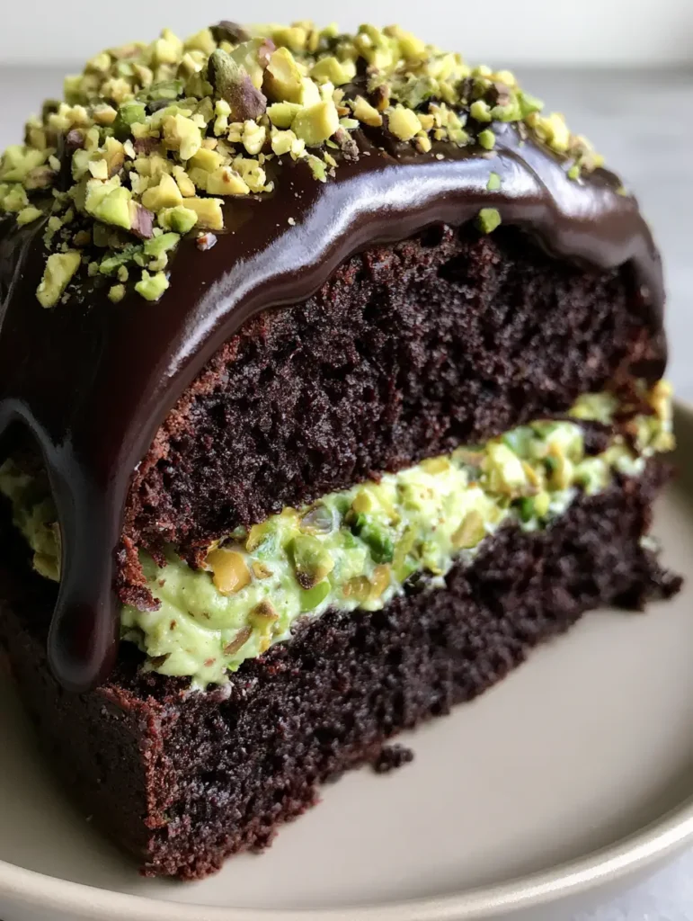 Macro close-up of a Dubai Chocolate Pistachio Cake slice showing the moist dark chocolate sponge and vibrant green filling.