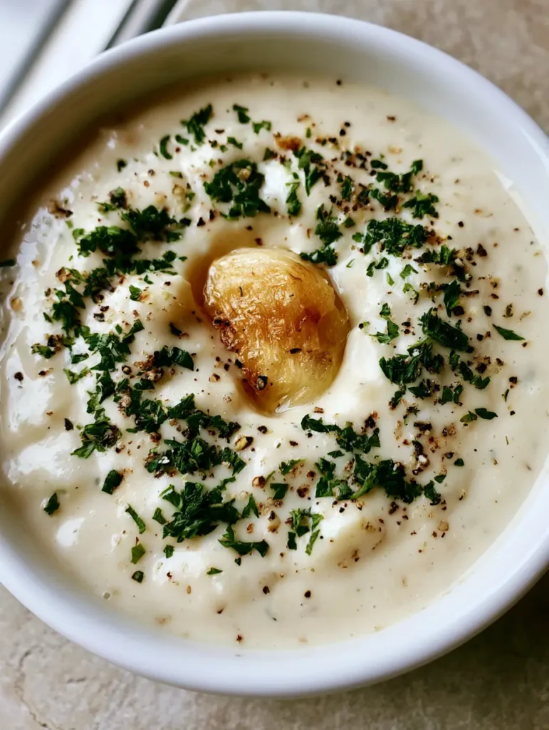 Top-down view of thick, creamy White Garlic Pizza Sauce in a white ramekin garnished with fresh parsley and a whole roasted garlic clove.