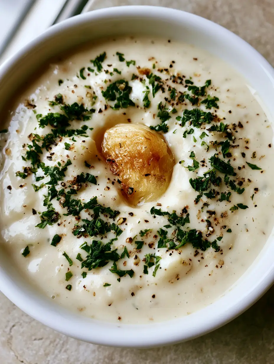 White Garlic Pizza Sauce: The Ultimate Creamy Roasted Garlic Recipe 4 Top-down view of thick, creamy White Garlic Pizza Sauce in a white ramekin garnished with fresh parsley and a whole roasted garlic clove.