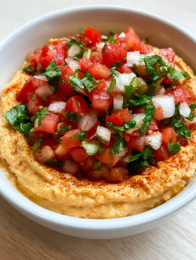 A close-up handheld shot of Taco Hummus showing the smooth chickpea texture and bright vegetable toppings.