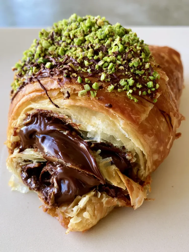 A handheld photo of a golden-brown flaky Pistachio Chocolate Croissant showing buttery pastry layers.