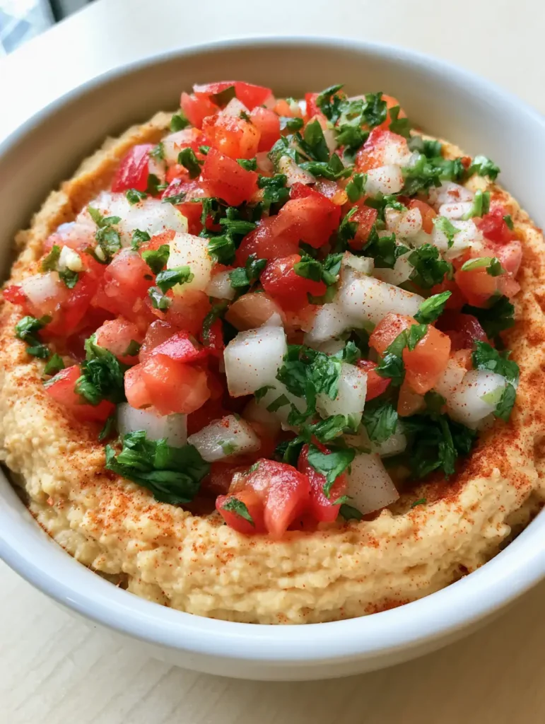 Taco Hummus: The Ultimate Creamy Zesty Party Dip Recipe 1 Overhead view of a small ceramic bowl filled with taco-flavored hummus and a light dusting of chili powder.