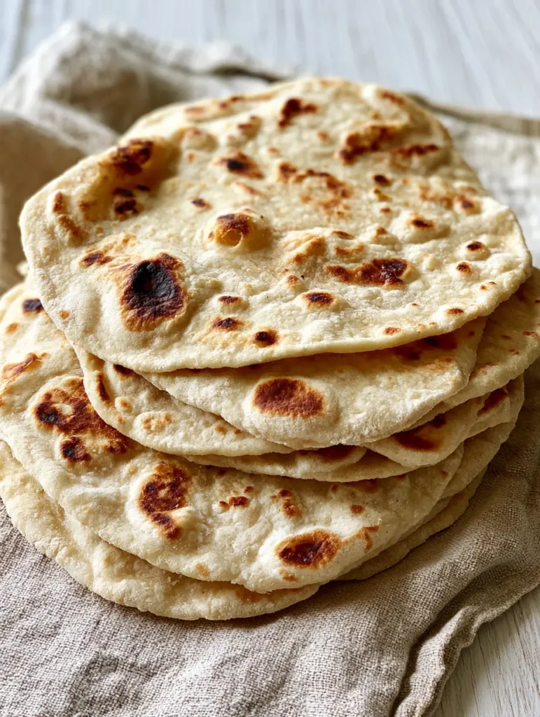 Sourdough Discard Tortillas: The Ultimate Flexible Homemade Flatbread 1 A close up of Sourdough Discard Tortillas stacked on a wooden surface with a matte flour-dusted finish.