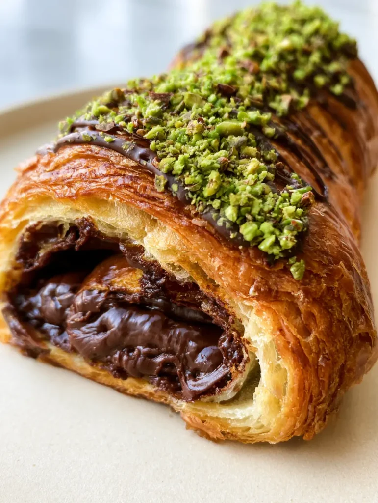 Pistachio Chocolate Croissant: The Ultimate Flaky Cafe-Style Recipe 1 Detail shot of the dark chocolate drizzle and vibrant green chopped pistachios on a croissant.