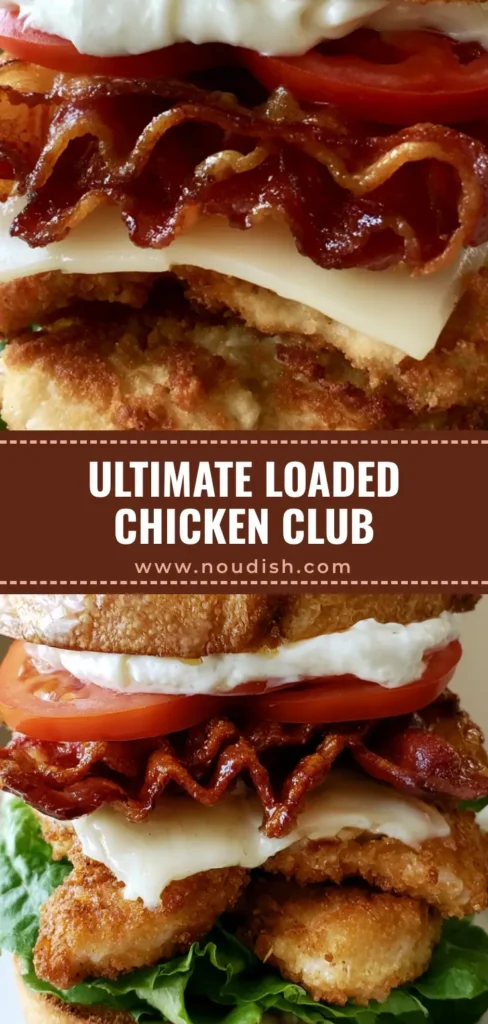 Loaded Chicken Club Sandwich: The Ultimate Crispy and Stacked Recipe 3 A tall, stacked Loaded Chicken Club Sandwich on sourdough with crispy chicken, bacon, and melted white cheddar.