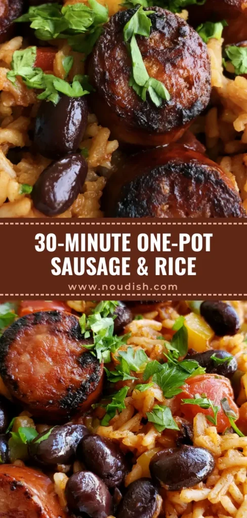 One-Pot Black Beans and Rice with Seared Smoked Sausage 4 A top-down view of a white bowl filled with One-Pot Black Beans and Rice, featuring seared smoked sausage, tricolor peppers, and fresh parsley garnish.