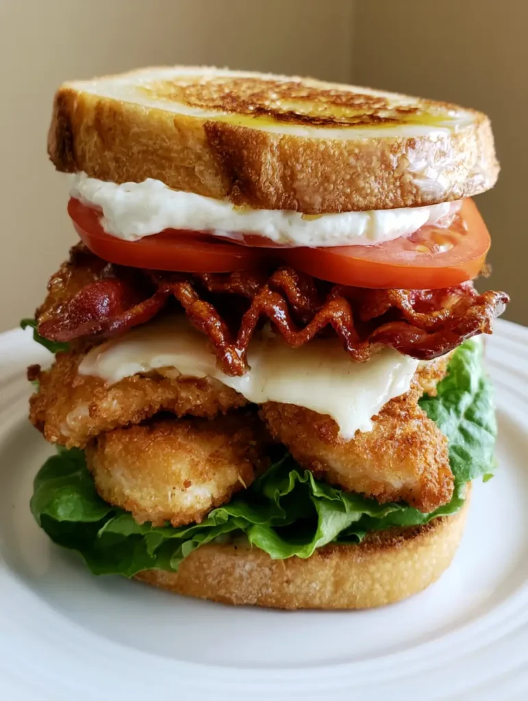 Home 6 Close-up handheld photo of a Loaded Chicken Club Sandwich with grilled sourdough and melted white cheddar.