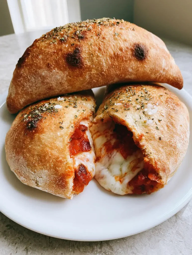 Close-up of Homemade Pizza Pockets with visible flour dusting and toasted spots on a white ceramic plate. (Homemade Pizza Pockets)