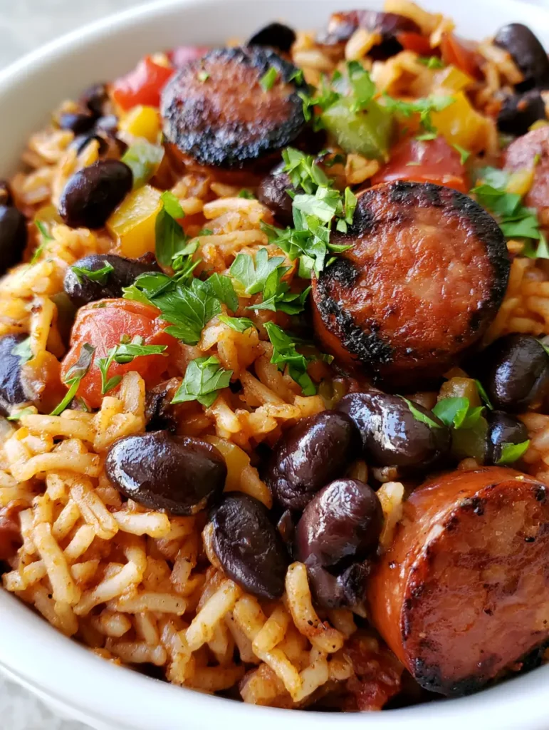 Macro shot of fluffy reddish-brown seasoned rice and seared sausage rounds in One-Pot Black Beans and Rice.