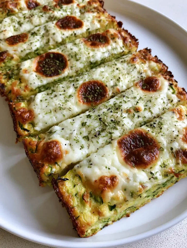 Cheesy Zucchini Breadsticks: The Ultimate Low-Carb Crispy Appetizer 1 Rectangular slices of zucchini breadsticks on a white ceramic plate under natural light.