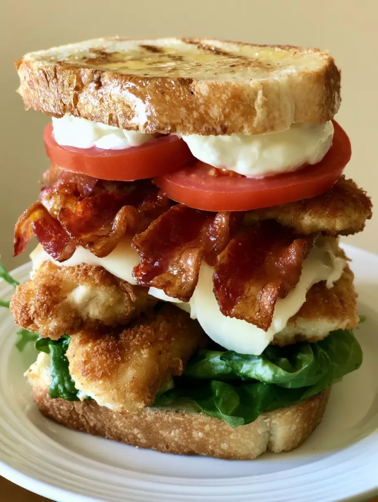 Loaded Chicken Club Sandwich: The Ultimate Crispy and Stacked Recipe 1 Side view of a Loaded Chicken Club Sandwich showing layers of green lettuce, chicken tenders, and red tomatoes.