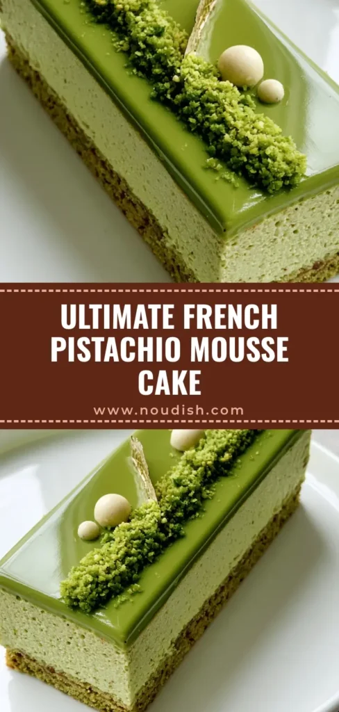 Pistachio Praline Entremet: The Ultimate French Pastry Masterclass 4 A high-angle shot of a rectangular Pistachio Praline Entremet with a lime-green mirror glaze and gold leaf on a white plate.