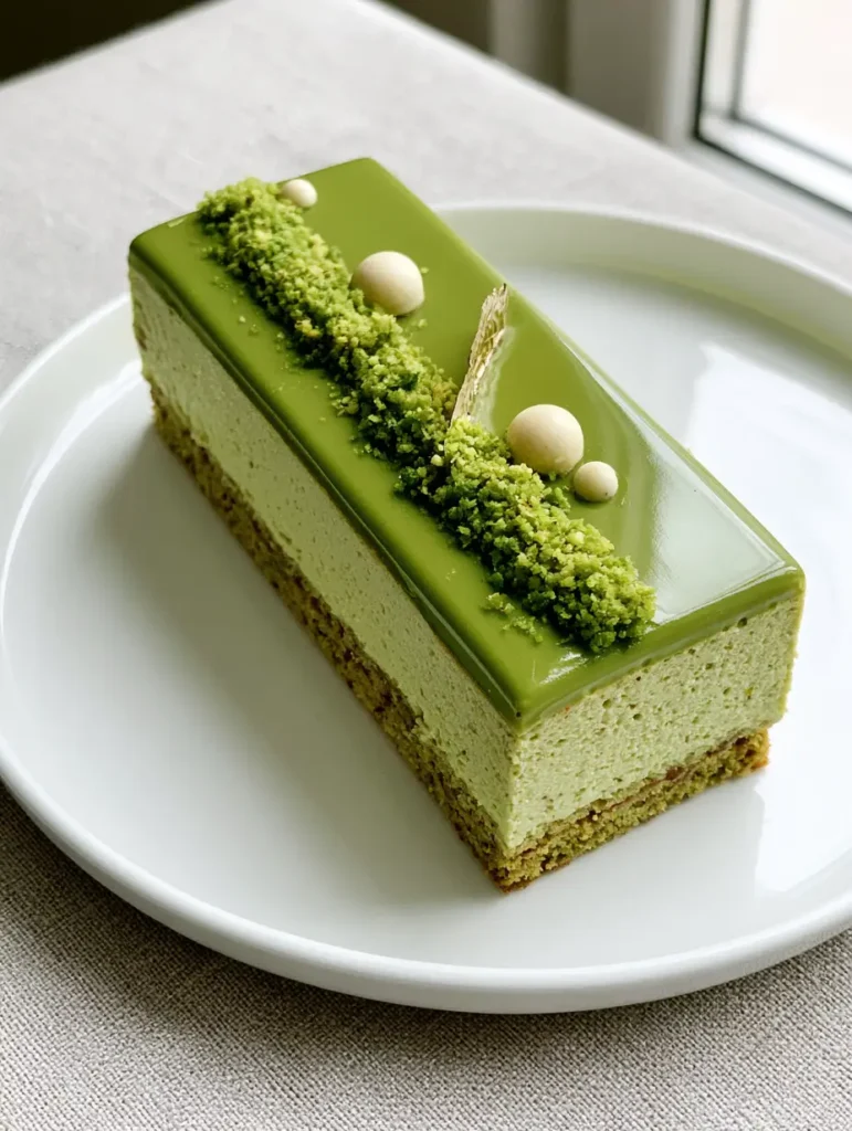 Close-up of the rectangular Pistachio Praline Entremet showing the smooth lime-green glaze and crushed pistachio garnish.