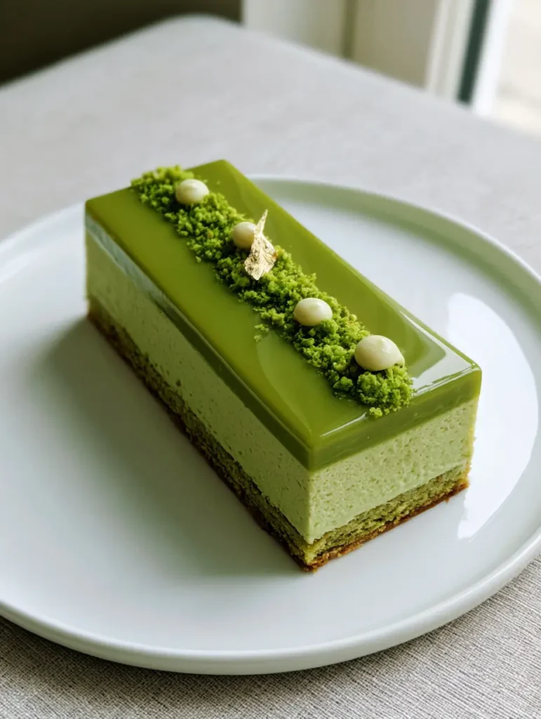 Pistachio Praline Entremet: The Ultimate French Pastry Masterclass 1 A side view of the Pistachio Praline Entremet highlighting the three white chocolate ganache dots and gold leaf flake.