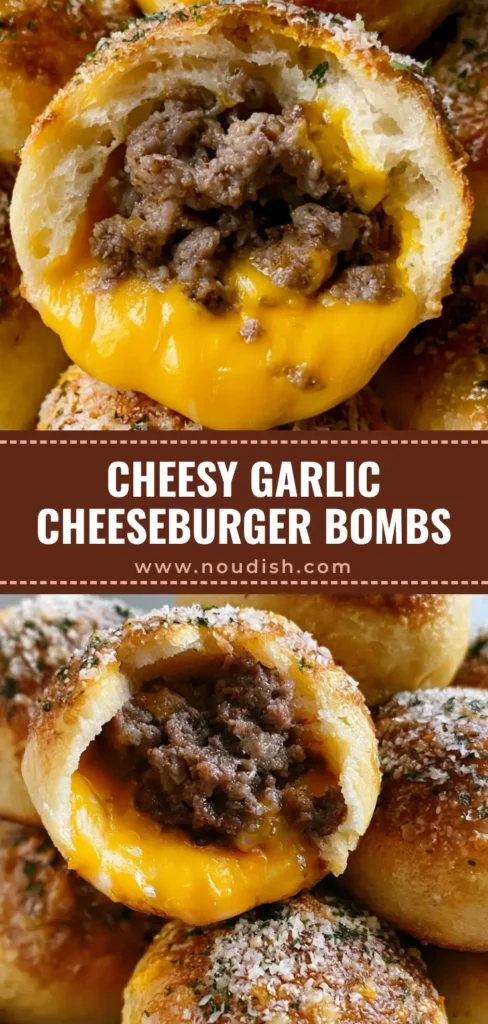 Cheeseburger Bombs: The Ultimate Garlic Parmesan Baked Handhelds 4 A pile of golden-brown Cheeseburger Bombs stacked on a white plate, showing melted cheese and seasoned beef inside one broken-open bomb.