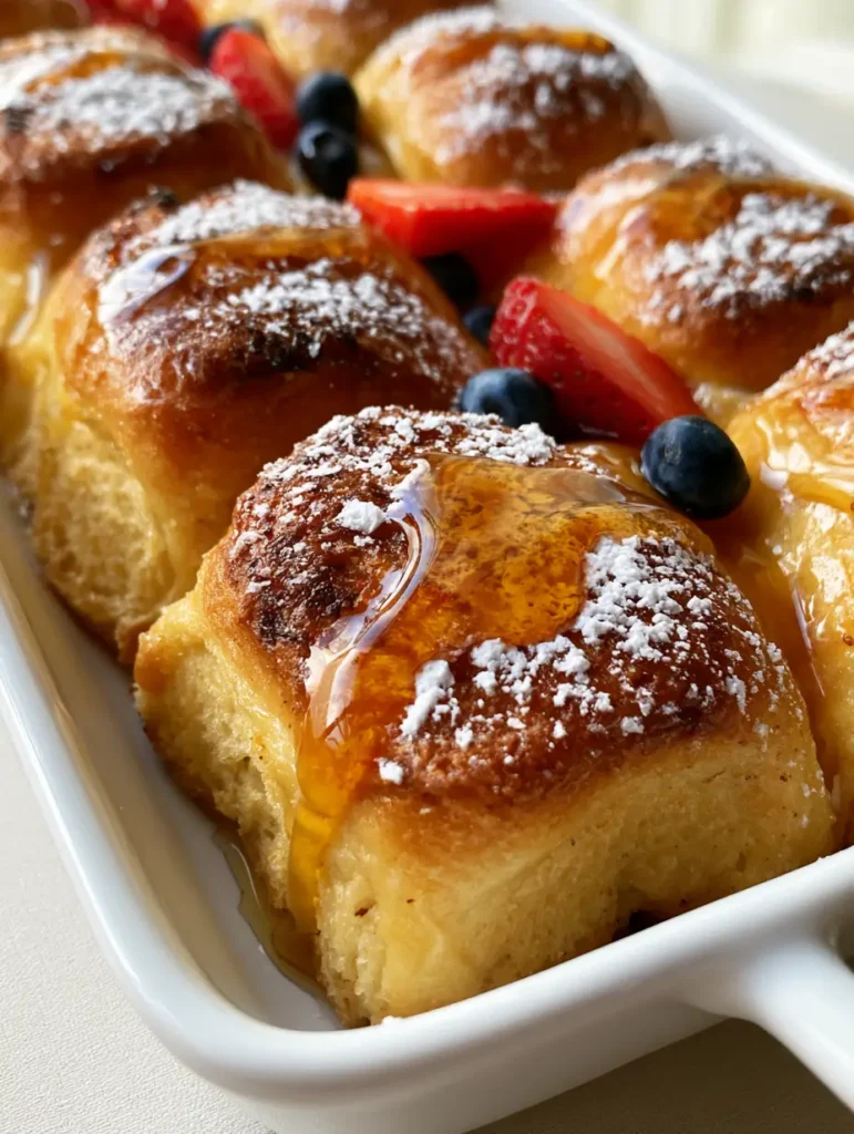 Top view of toasted Hawaiian Roll French Toast with powdered sugar and fresh berries. (Hawaiian Roll French Toast)