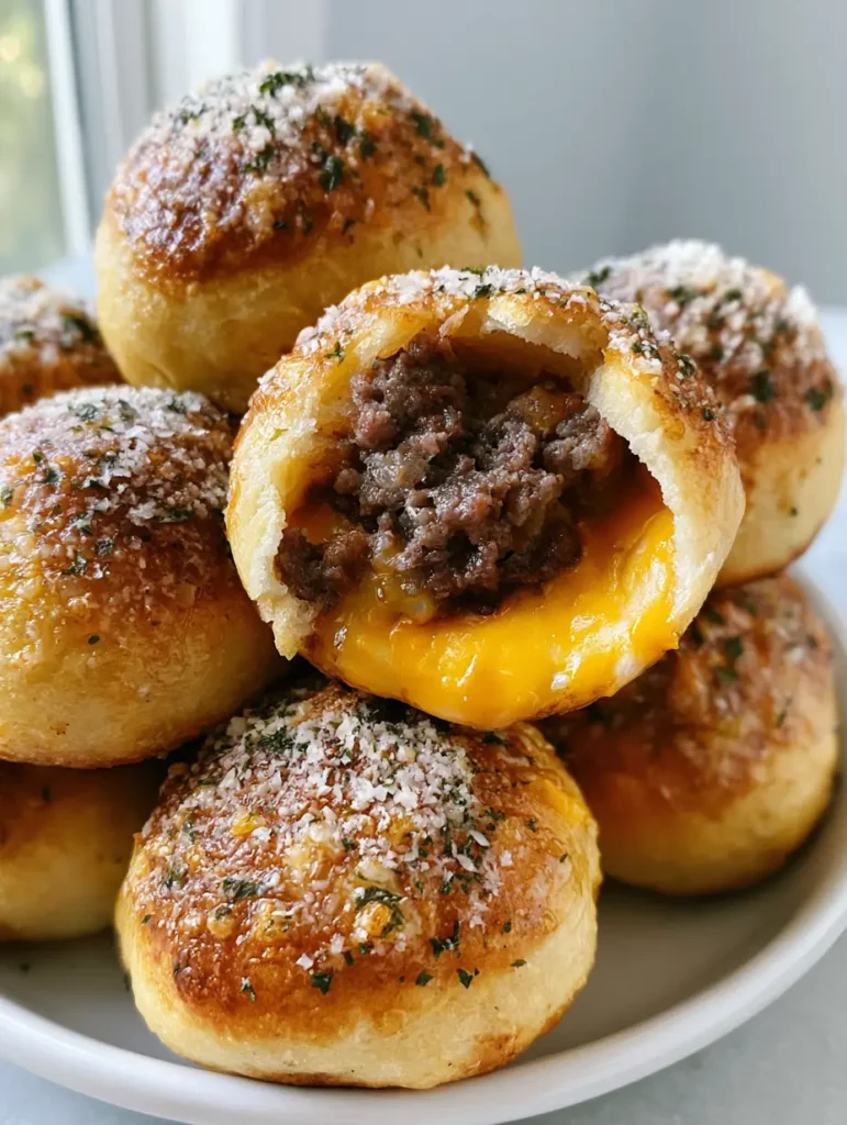 Cheeseburger Bombs: The Ultimate Garlic Parmesan Baked Handhelds 2 Close up photo of Cheeseburger Bombs with a crispy garlic parmesan crust and gooey cheddar cheese center.