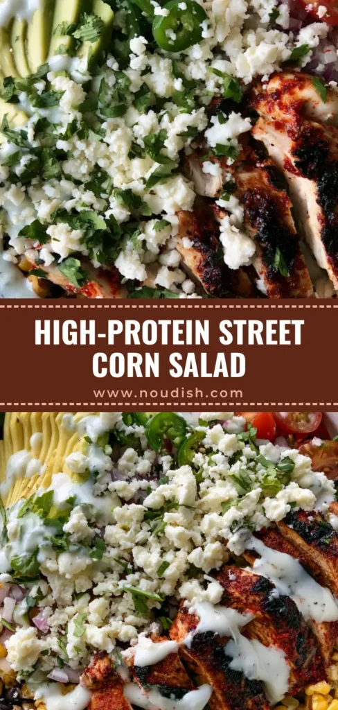 High-Protein Chicken Street Corn Salad: The Ultimate Zesty Meal Prep 4 A vibrant High-Protein Chicken Street Corn Salad in a white bowl featuring charred corn, black beans, red-spice chicken strips, and avocado slices. (High-Protein Chicken Street Corn Salad)