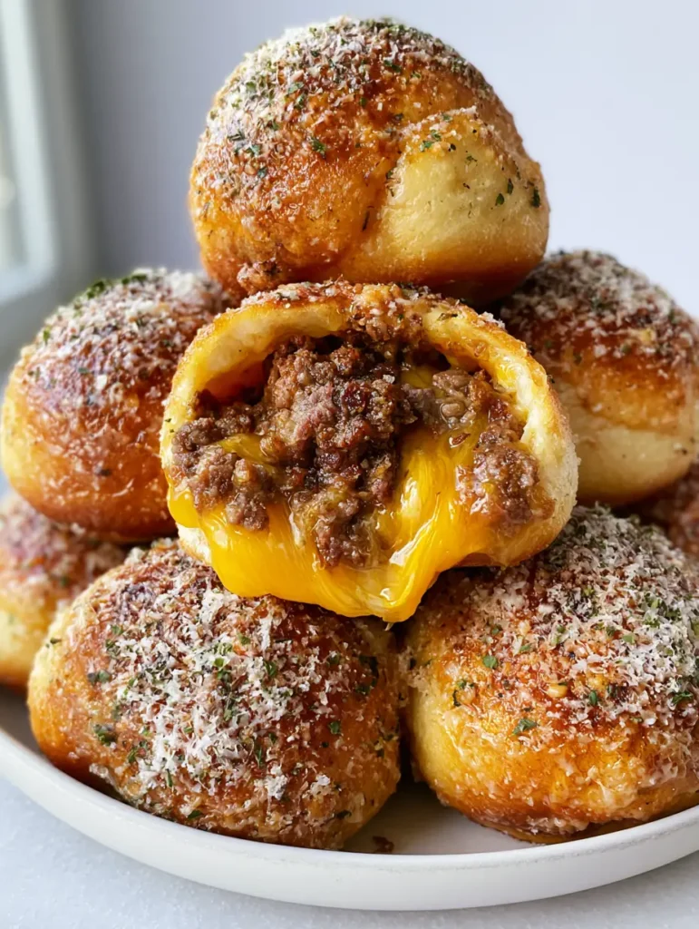 Cheeseburger Bombs: The Ultimate Garlic Parmesan Baked Handhelds 1 Breaking open a Cheeseburger Bomb to reveal the steaming beef filling and melted yellow cheddar cheese.