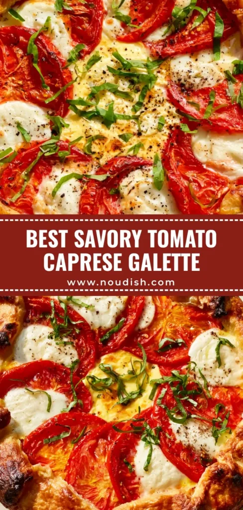 A rustic Caprese Galette with a golden brown flaky crust, roasted heirloom tomatoes, and melted fresh mozzarella. (Caprese Galette)
