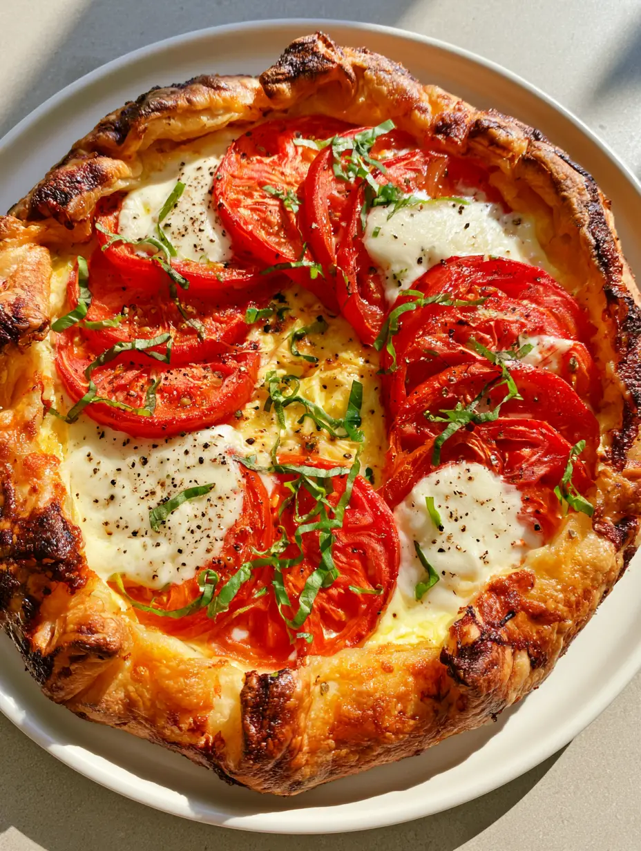 Top-down view of a Caprese Galette showing overlapping heirloom tomatoes and bubbly mozzarella. (Caprese Galette)