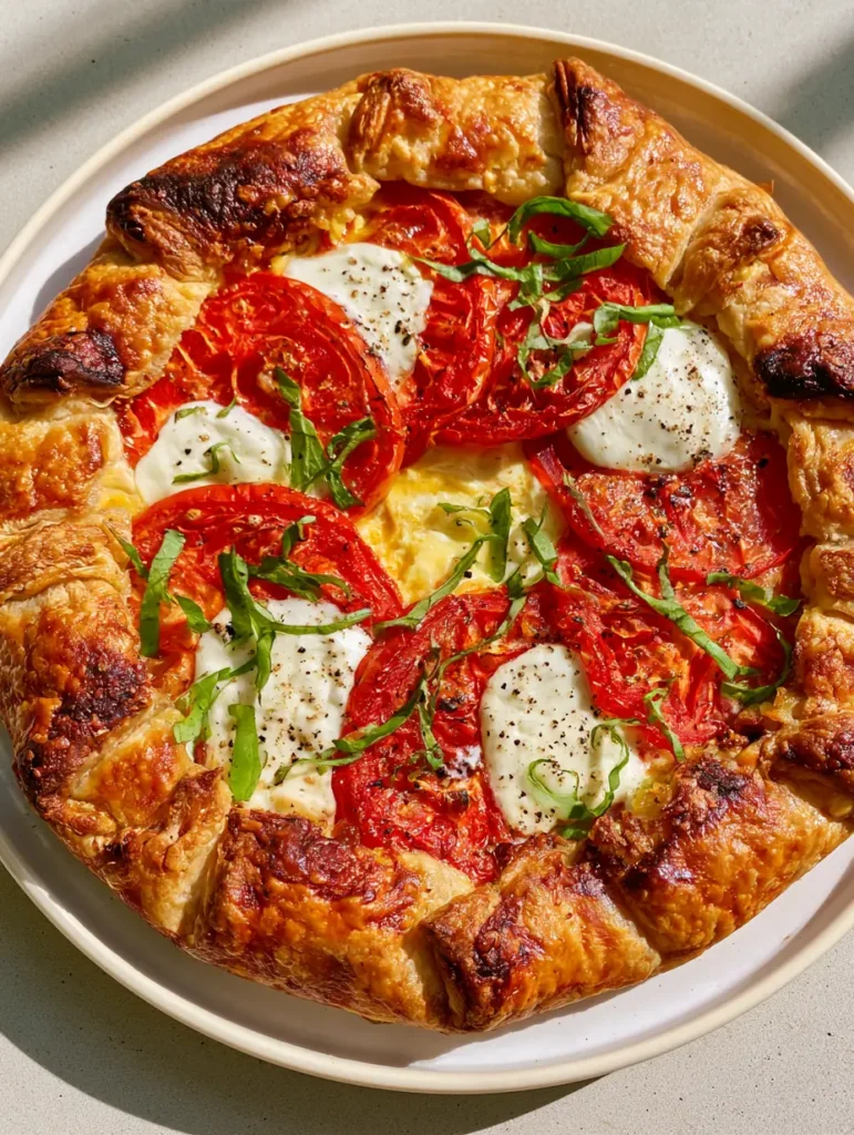 Close up of the charred, toasted folded crust edges of a rustic Caprese Galette.