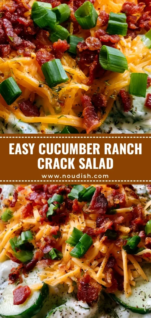 Cucumber Ranch Crack Salad: The Addictive, Creamy Summer Side Dish 4 A top-down view of Cucumber Ranch Crack Salad in a rustic bowl with thick ranch, orange cheddar, bacon bits, and scallions.
