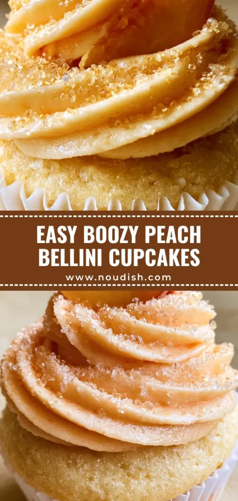 A close-up shot of Peach Bellini Cupcakes with high swirls of peach buttercream, fresh peach slices, and coarse sparkling sugar on a neutral background.