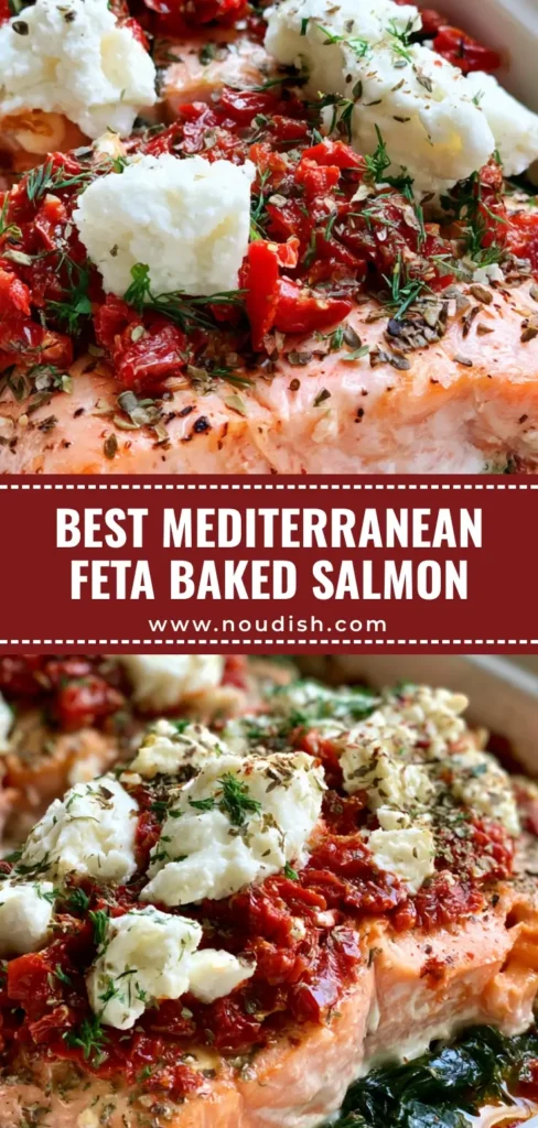 A vertical photo of Mediterranean Baked Salmon in a white ceramic dish topped with feta, spinach, and sun-dried tomatoes.