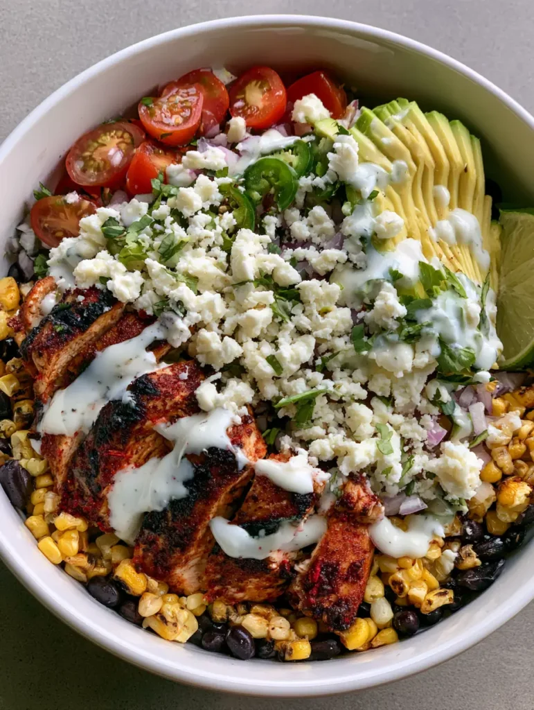 High-Protein Chicken Street Corn Salad: The Ultimate Zesty Meal Prep 2 A close-up handheld shot of High-Protein Chicken Street Corn Salad with juicy grilled chicken and thick lime crema. (High-Protein Chicken Street Corn Salad)